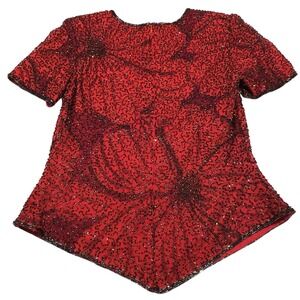 Andretta Donatello Flower Red Black Beaded Silk Short Sleeve Formal Top Medium